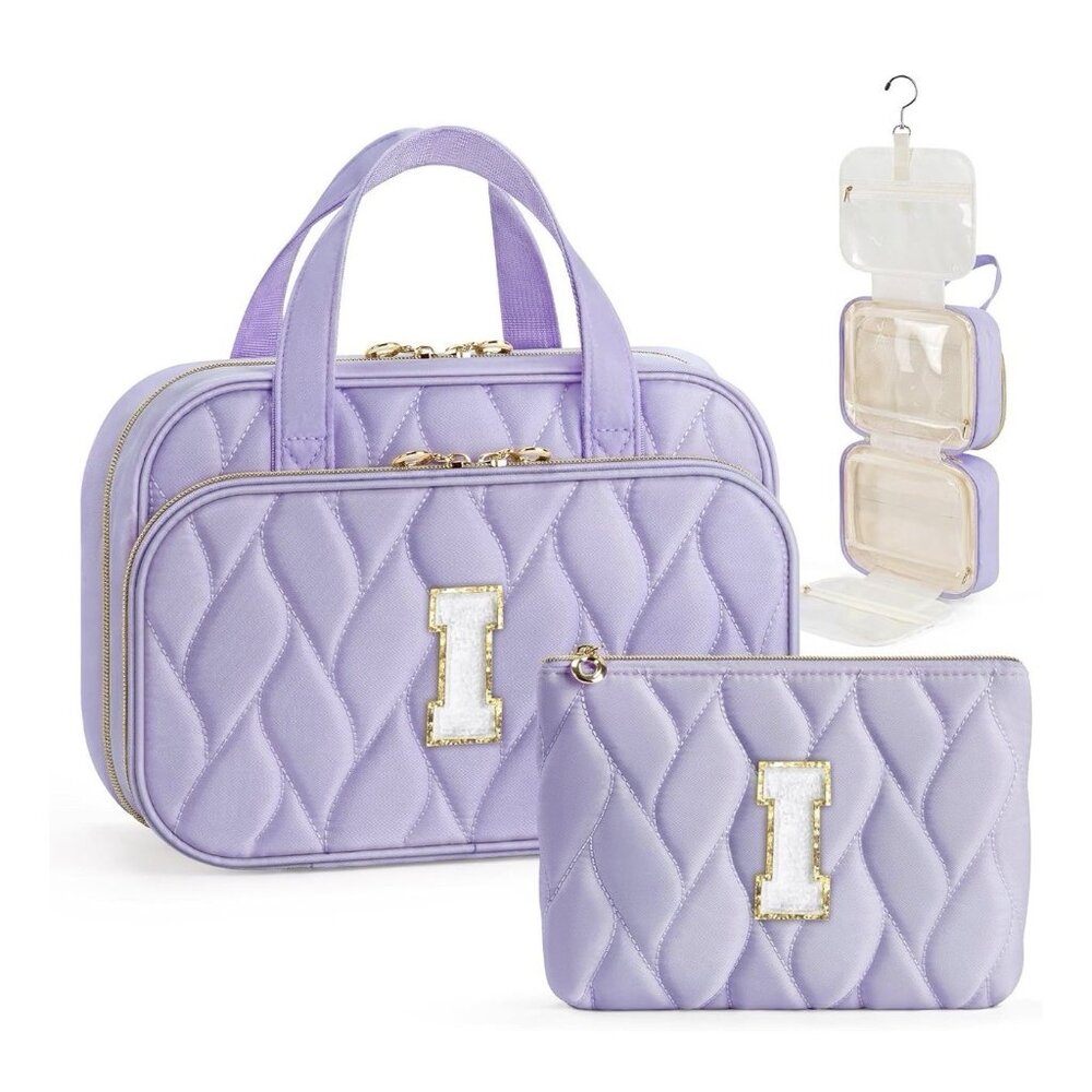Initial Toiletry Bag Travel Makeup Bag -Hanging Toiletry Bag Lavender Initial I